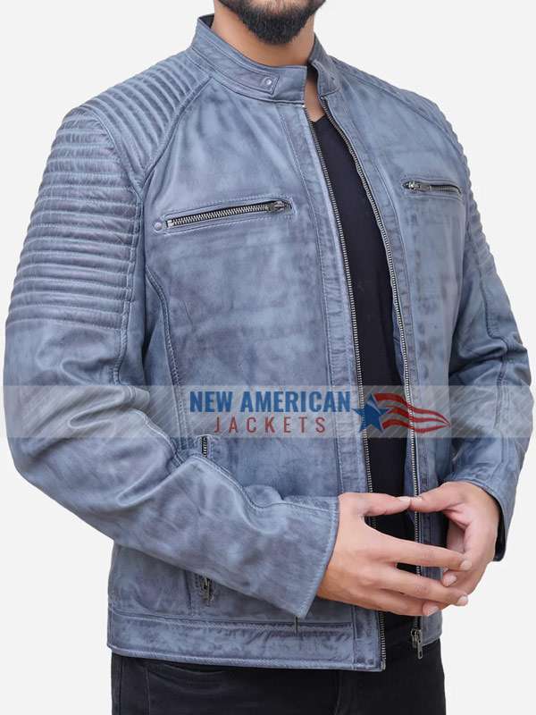 Distressed Style Grey Quilted Leather Jacket