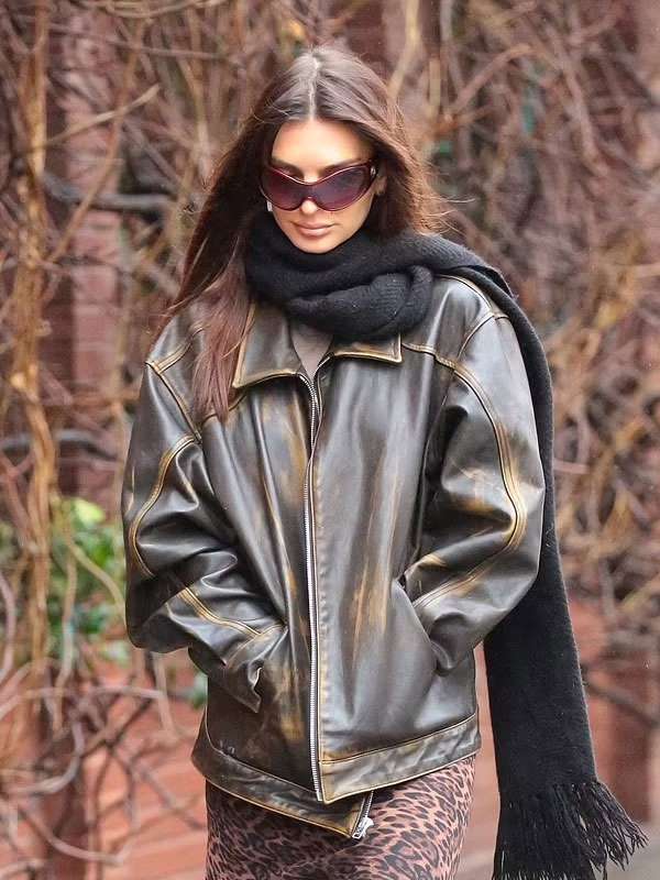 Emily Ratajkowski 2024 Brown Leather Jacket
