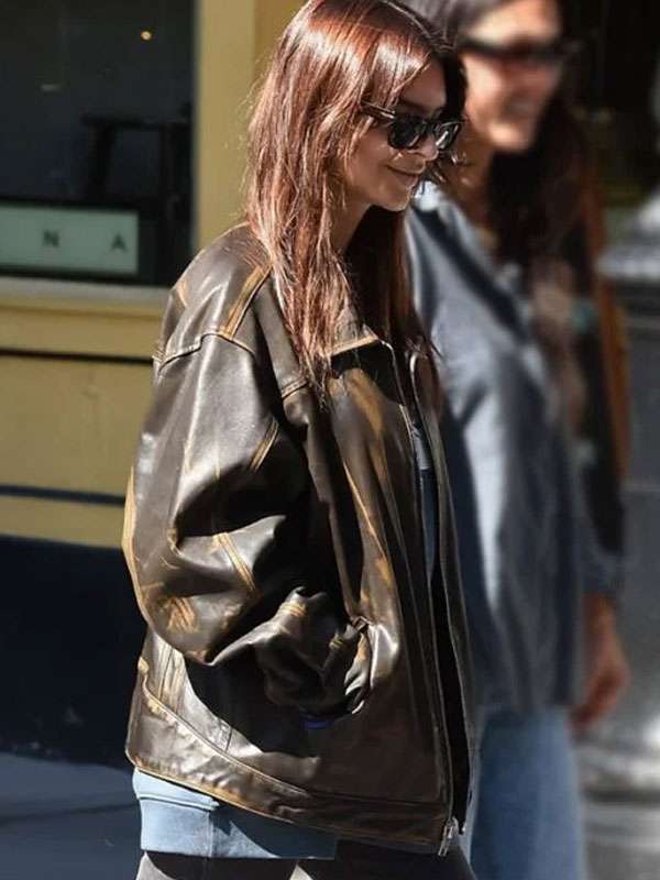 Emily Ratajkowski Distressed Leather Jacket
