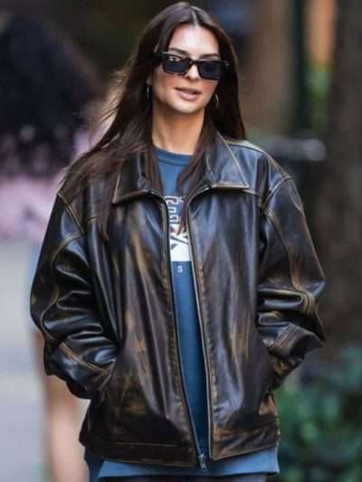 Shop Emily Ratajkowski 2024 Brown Distressed Leather Jacket