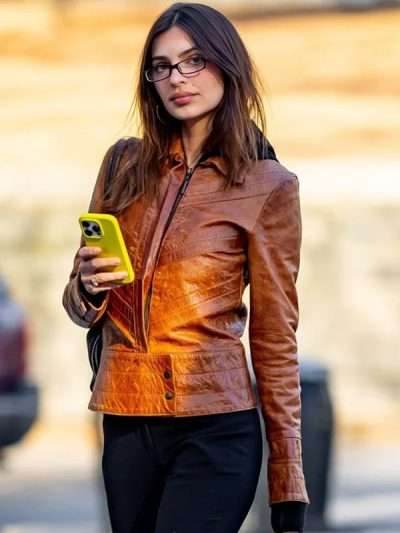 Emily Ratajkowski Street Style 2025 Brown Distressed Leather Jacket