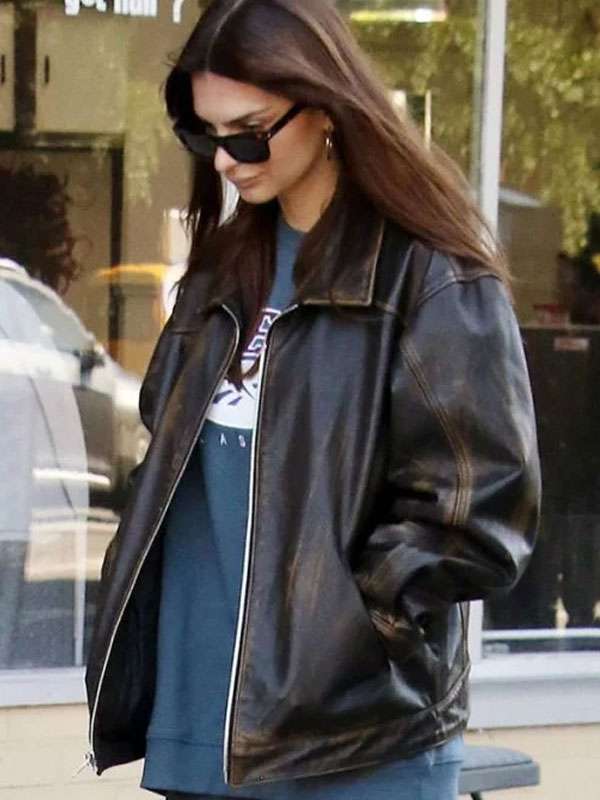Emily Ratajkowski 2024 Distressed Leather Jacket