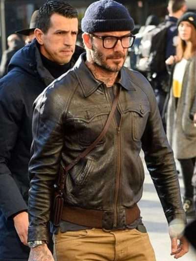 David Beckham In Paris 2020 Brown Leather Bomber Jacket