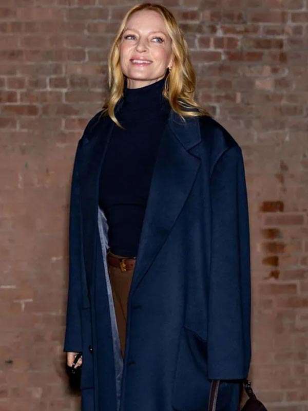 NYFW 2025 Uma Thurman Blue Trench Coat