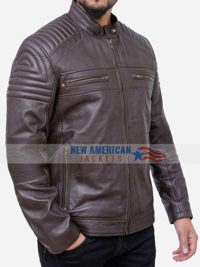 Men Cafe Racer Genuine Brown Motorcycle Leather Jacket