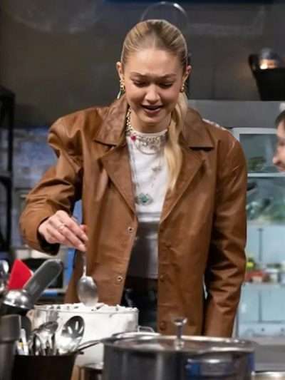 Beat Bobby Flay 2025 Gigi Hadid Brown Leather Blazer