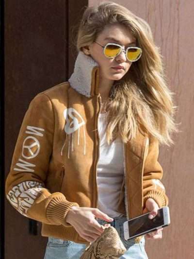 Gigi Hadid Bomber Brown Suede Leather Jacket