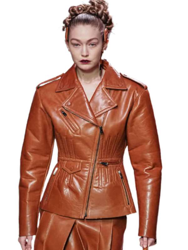Shop Gigi Hadid Fendi Fashion Show Leather Jacket