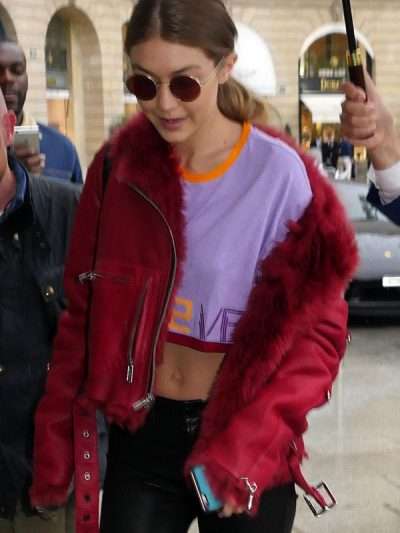 Gigi Hadid PFW Red Leather Jacket