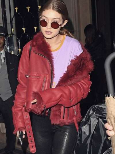 Shop Gigi Hadid PFW Red Fur Leather Jacket