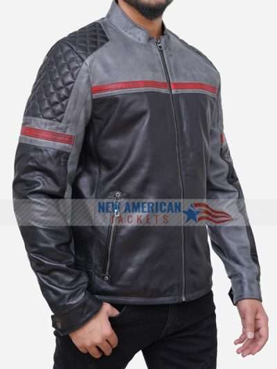 Men Grey Leather Retro Style Motorcycle Jacket