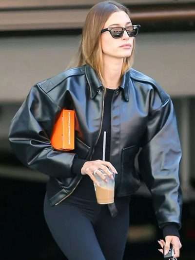 Hailey Bieber Black Leather Jacket