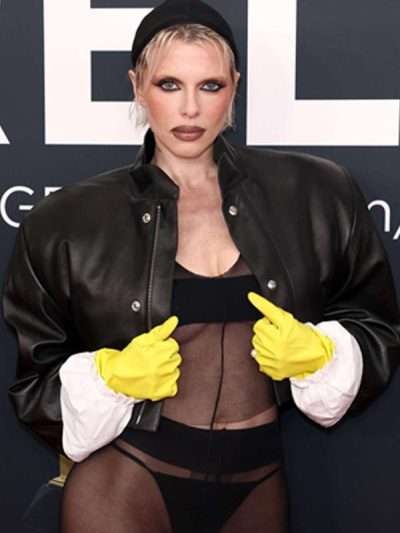 Julia Fox Grammys Red Carpet Black Leather Jacket