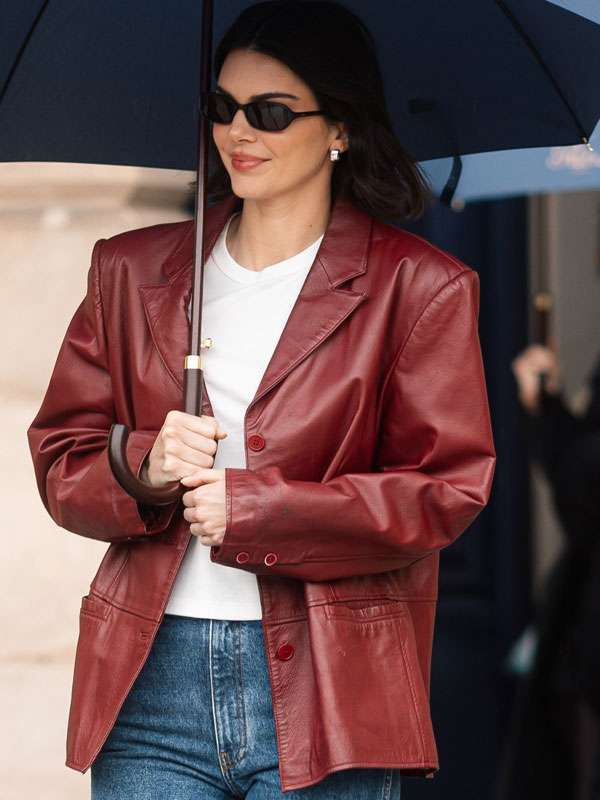 Kendal Jenner Paris 2025 Maroon Leather Jacket
