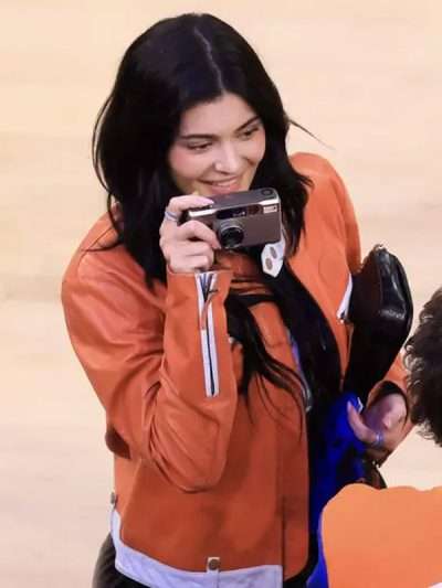 Kylie Jenner Orange Moto Leather Jacket