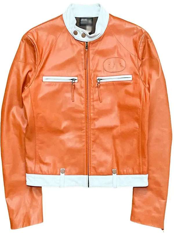 Kylie Jenner Orange Moto Leather Jacket for sale