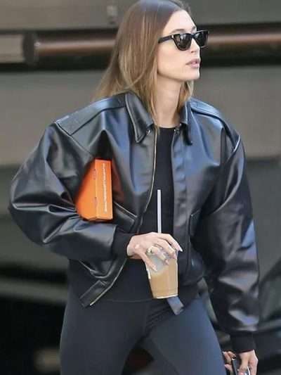 Hailey Bieber Black Bomber Jacket