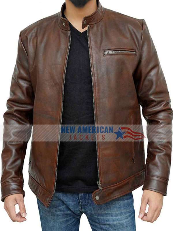Men Vintage Brown Leather Cafe Racer Jacket