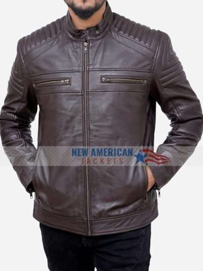 Brown Quilted Leather Motorcycle Jacket For Men