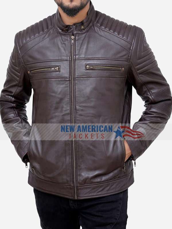 Brown Quilted Leather Motorcycle Jacket For Men