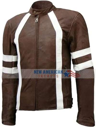 Cafe Racer Brown Leather Jacket with White Strips