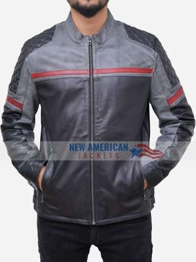 Quilted Style Grey Vintage Cafe Racer Leather Jacket