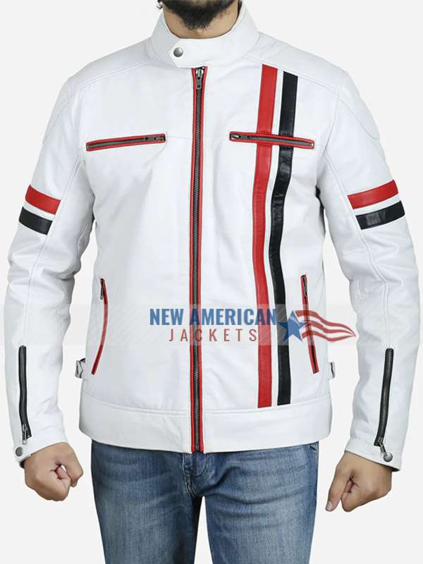 White Cafe Racer Jacket with Red and Black Stripes