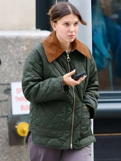 Millie Bobby Brown Street Style Green Quilted Jacket