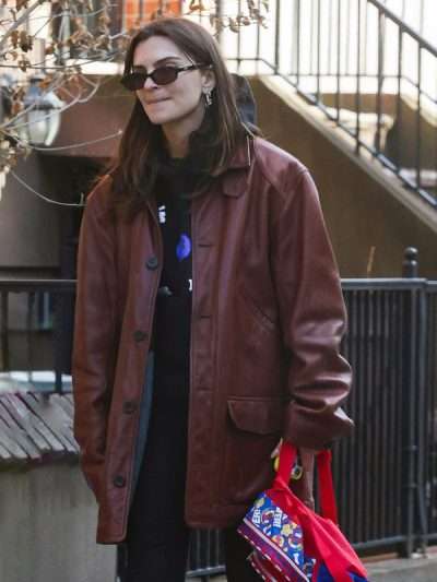 Model Emily Ratajkowski 2025 Burgundy Leather Jacket