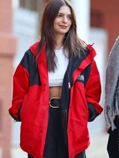 Emily Ratajkowski Street Style Red Hooded Jacket