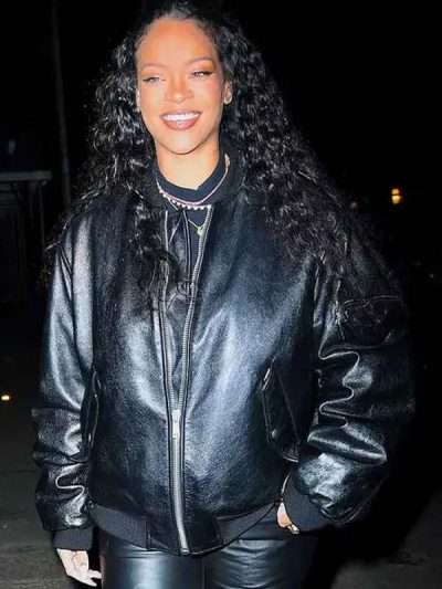 Street Style Rihanna Black Bomber Leather Jacket