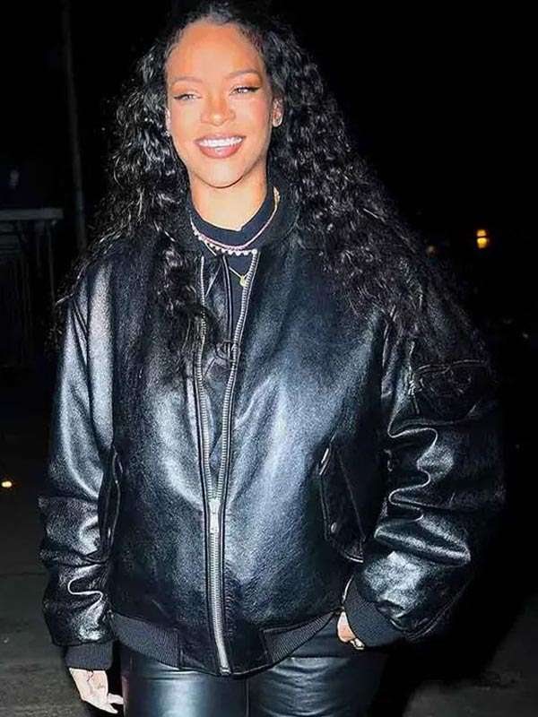 Street Style Rihanna Black Bomber Leather Jacket