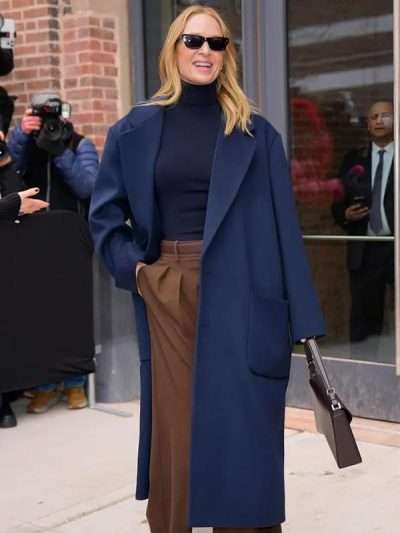 NYFW 2025 Uma Thurman Blue Wool Coat
