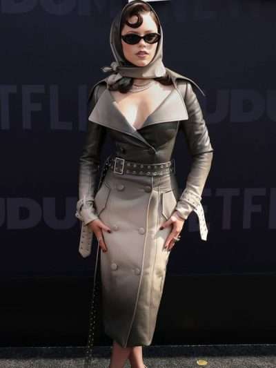 Shop Netflix Tudum 2025 Jenna Ortega Ombre Grey Leather Coat