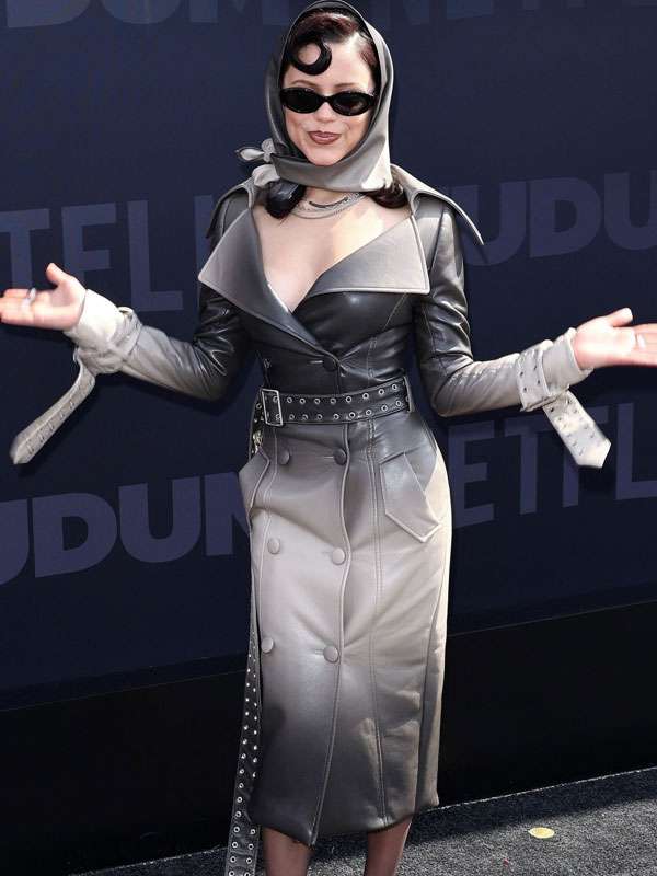 Netflix Tudum 2025 Jenna Ortega Ombre Grey Leather Trench Coat