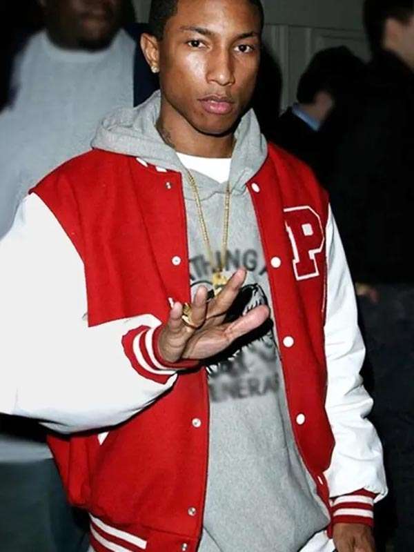 Pharrell Williams Red and White Varsity Letterman Jacket