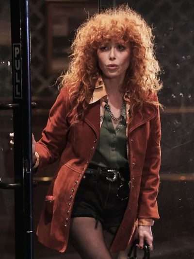 Shop Natasha Lyonne Poker Face Brown Suede Leather Coat