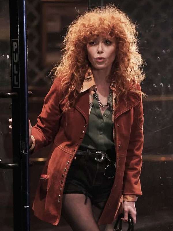 Shop Natasha Lyonne Poker Face Brown Suede Leather Coat