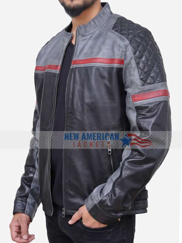 Grey Leather Retro Style Motorcycle Jacket