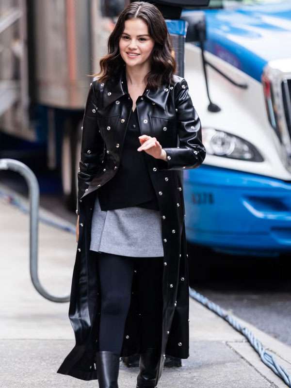 NYC 2025 Selena Gomez Black Leather Long Coat