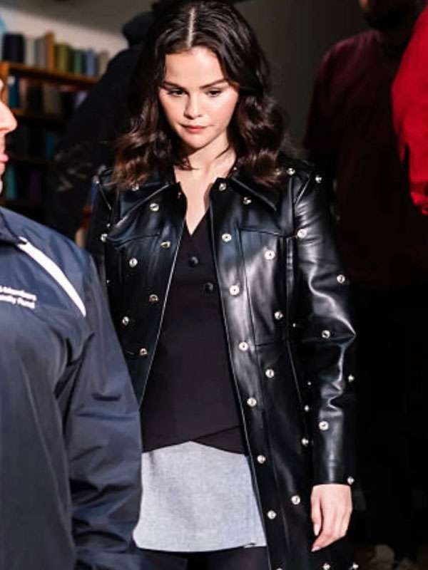 Selena Gomez 2025 Black Leather Long Coat