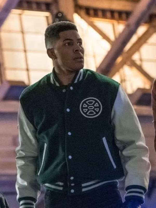 Shop The Flash S08 Deon Owens Green and White Varsity Jacket