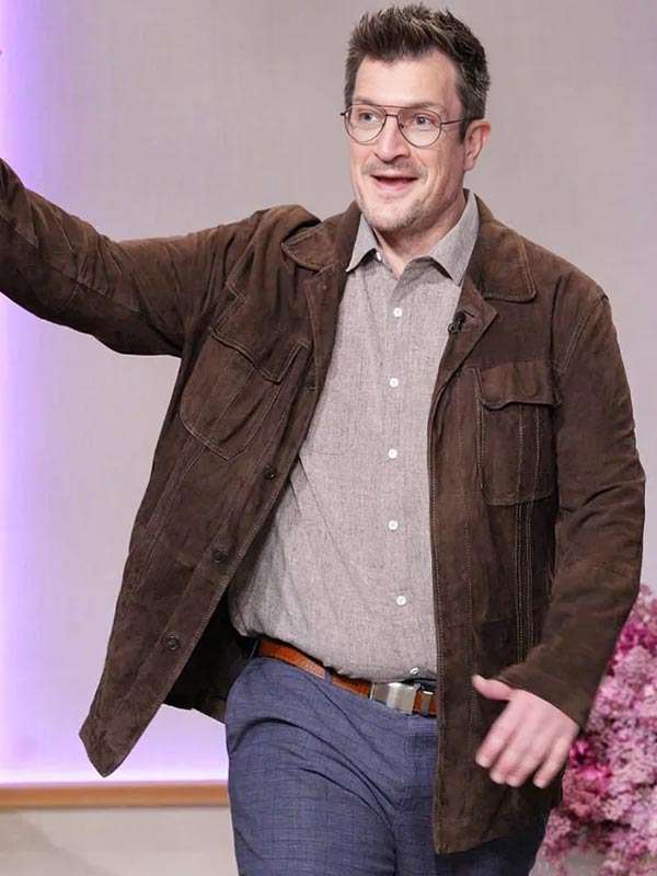The Jennifer Hudson Show 2025 Nathan Fillion Brown Suede Leather Jacket