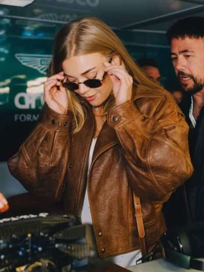 Buy Becky Hill F1 British Grand Prix Brown Leather Jacket