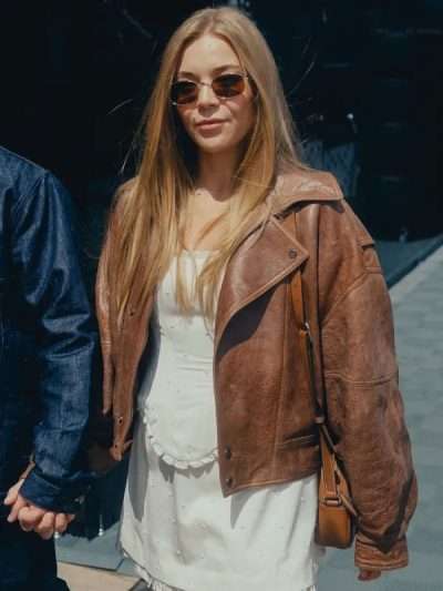 Becky Hill F1 British Grand Prix Brown Leather Jacket