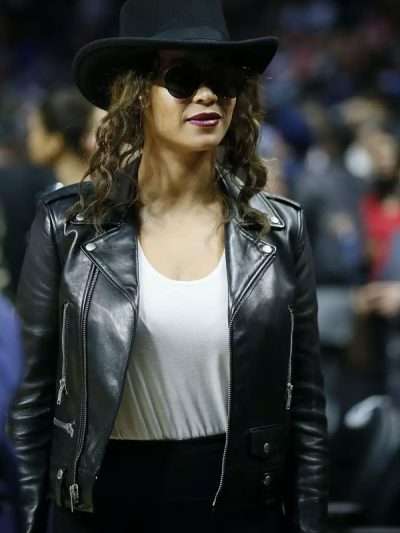Beyonce NBA Game Black Leather Jacket