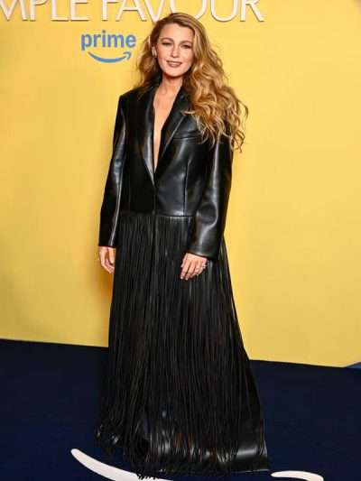 Blake LivelyAnother Simple Favor Black Fringe Leather Coat