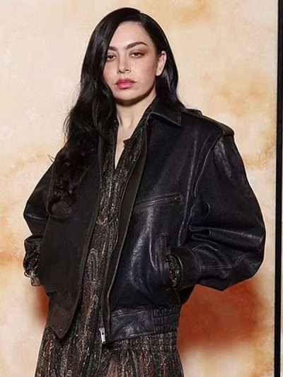 Charli XCX Paris Fashion Week 2025 Dark Brown Leather Jacket