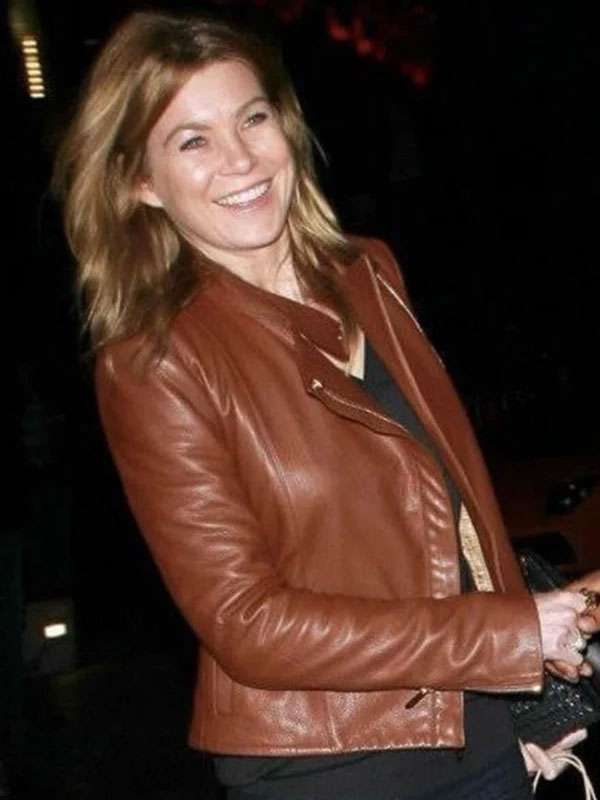 Ellen Pompeo Street Style Brown Leather Jacket