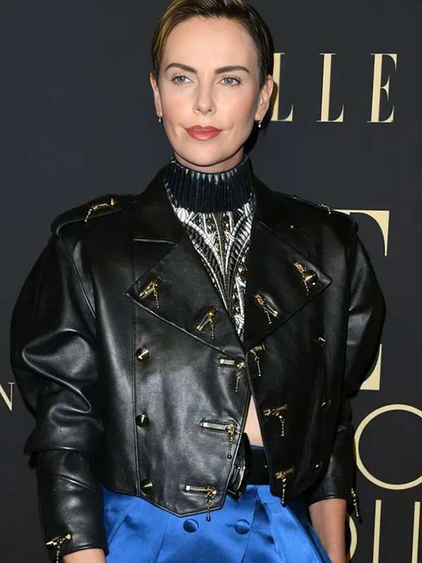 Charlize Theron Black Studded Leather Jacket